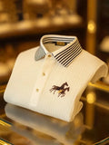 Vintlys White Textured Premium Polo Shirt with Stripe Collar & Horse Emblem – Luxury Designer Casual Tee
