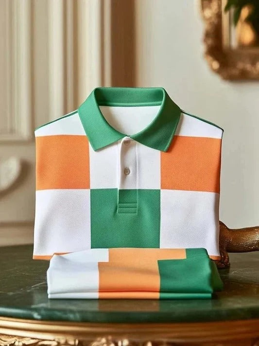 Vintlys White Green & Orange Checkered Polo Shirt for Men – Premium Designer Casual Tee