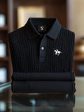 Vintlys Black Textured Premium Polo Shirt for Men – Luxury Cable Knit Designer Casual Tee