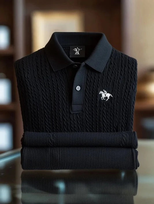 Vintlys Black Textured Premium Polo Shirt for Men – Luxury Cable Knit Designer Casual Tee