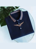 Vintlys Navy Blue Premium Polo Shirt with Eagle Emblem – Luxury Designer Casual Tee for Men