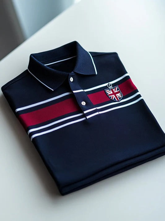 Vintlys Navy Blue Stripe Premium Polo Shirt for Men – Luxury Designer Casual Tee with Crest Detail