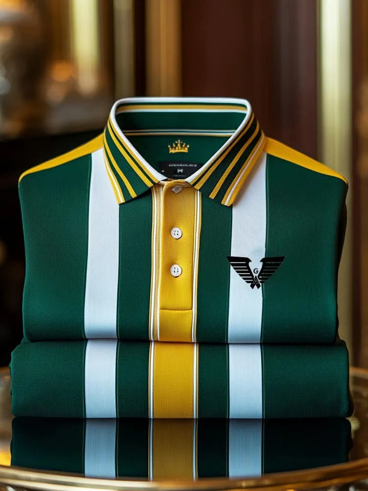 Vintlys Green White & Yellow Stripe Premium Polo Shirt for Men – Luxury Designer Casual Tee