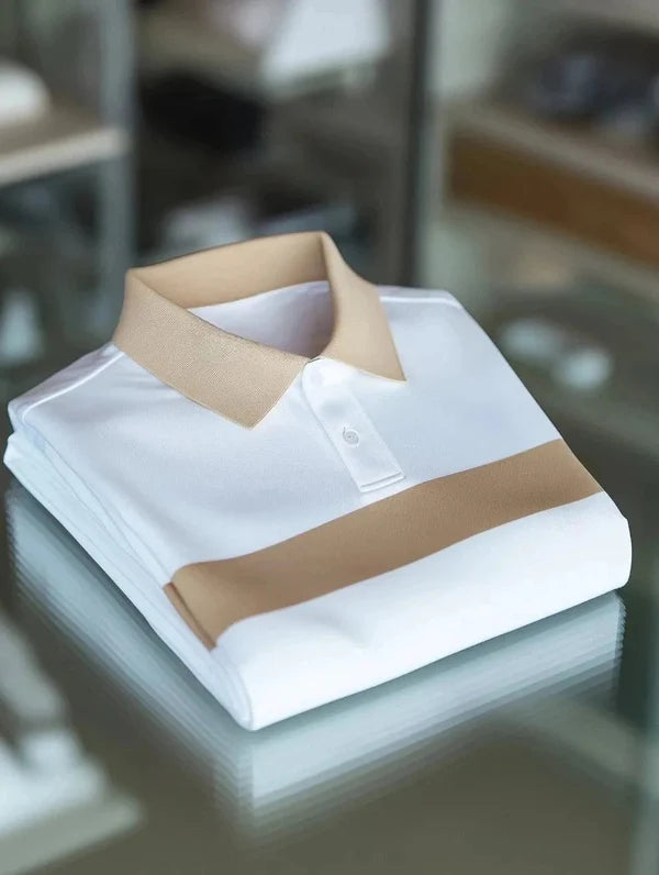 Vintlys White & Beige Minimal Premium Polo Shirt for Men – Luxury Designer Casual Tee