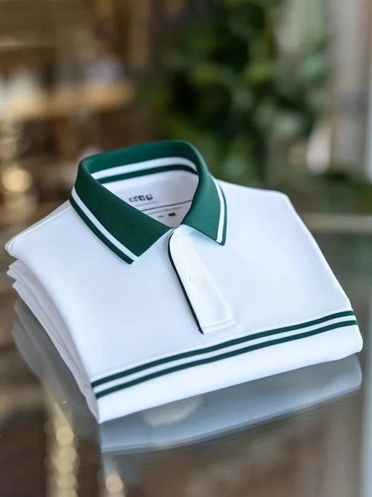 Vintlys White & Green Premium Polo Shirt for Men – Minimal Luxury Designer Casual Tee