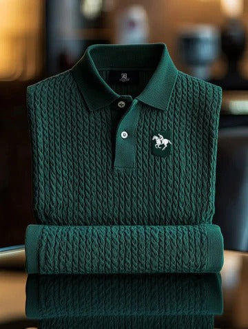 Vintlys Dark Green Textured Premium Polo Shirt for Men – Luxury Cable Knit Designer Casual Tee