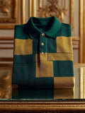 Vintlys Premium Green & Gold Checkered Polo Shirt for Men – Luxury Textured Designer Polo Tee
